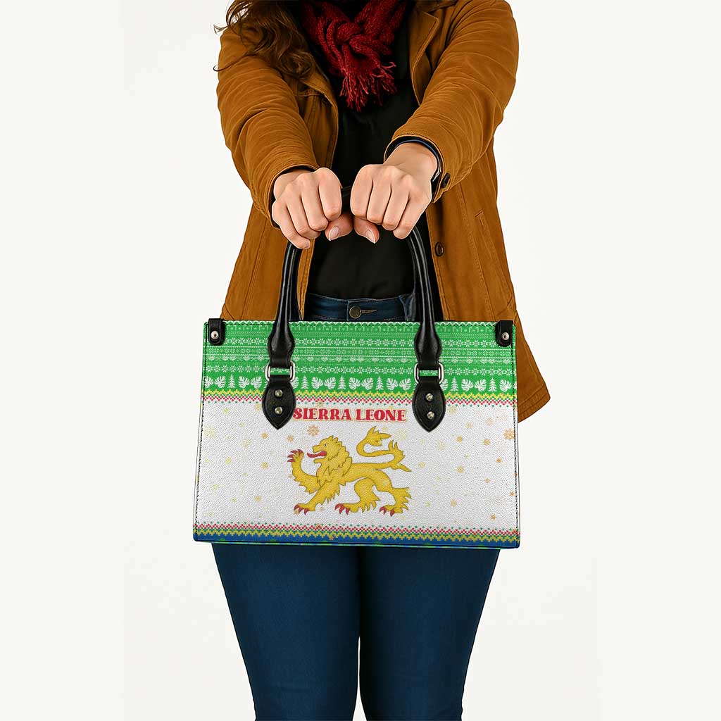 Sierra Leone Christmas Leather Bag with Festive Green Pattern, Golden Lion Emblem, and Santa Sleigh Motif - Wonder Print Shop