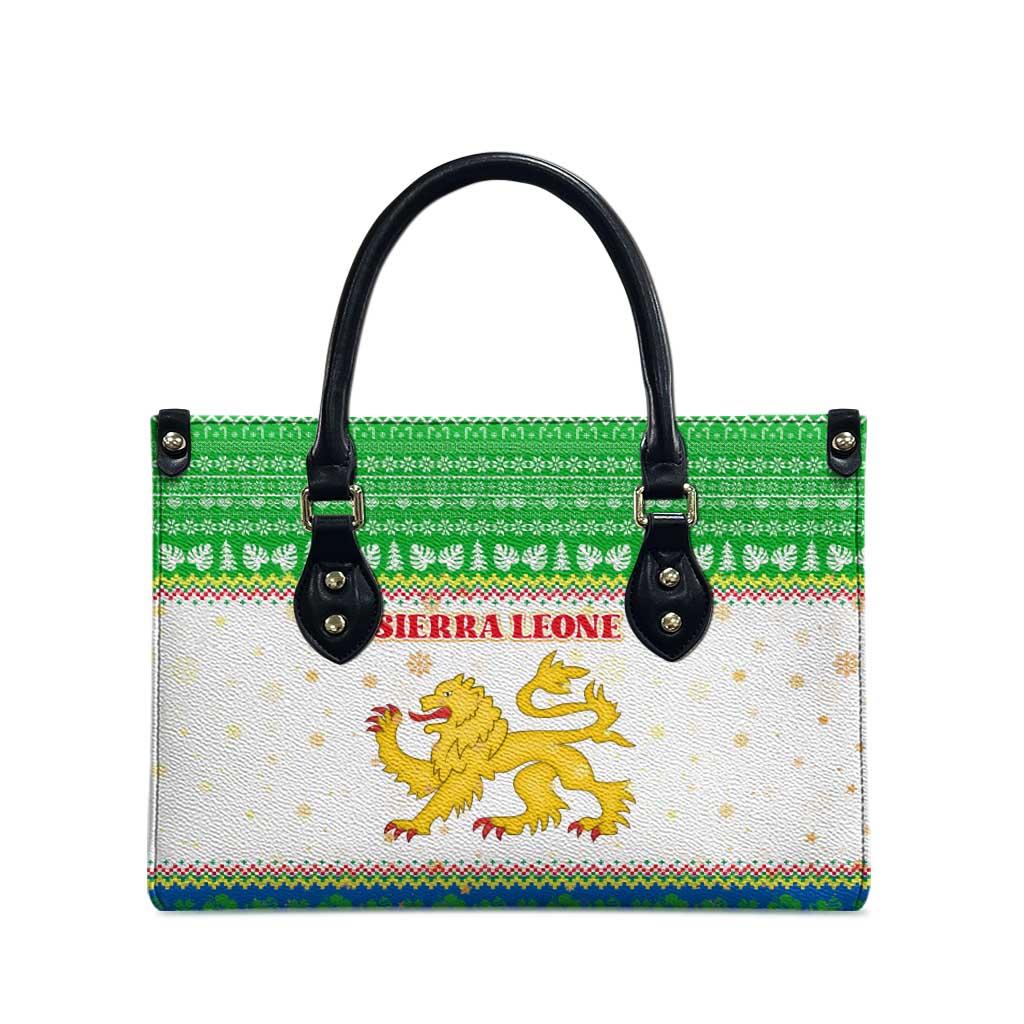 Sierra Leone Christmas Leather Bag with Festive Green Pattern, Golden Lion Emblem, and Santa Sleigh Motif - Wonder Print Shop