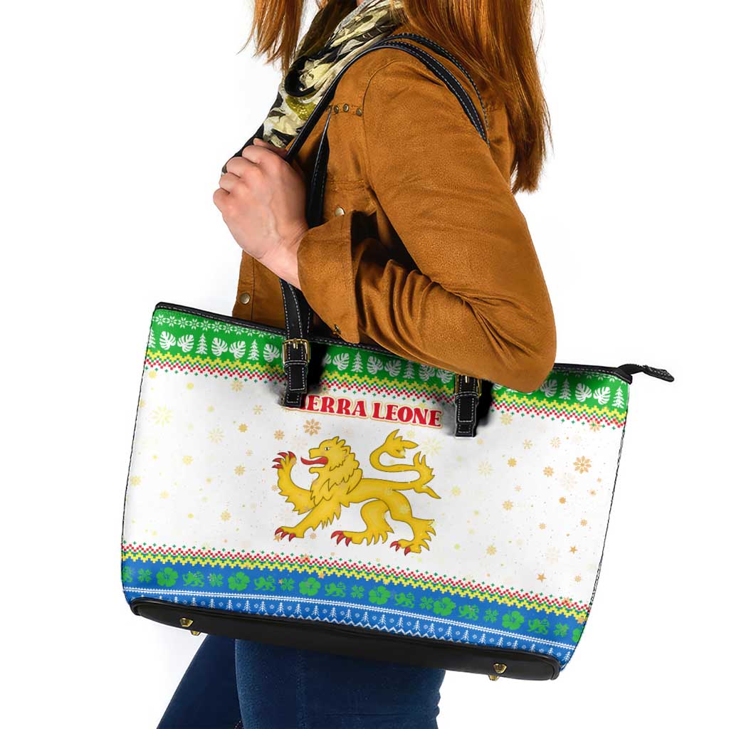 Sierra Leone Christmas Leather Tote Bag with Festive Green Pattern, Golden Lion Emblem, and Santa Sleigh Motif - Wonder Print Shop