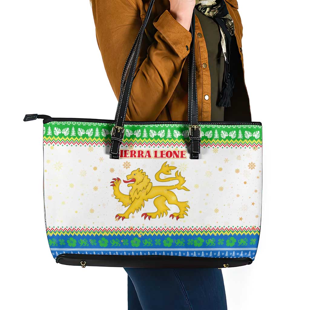 Sierra Leone Christmas Leather Tote Bag with Festive Green Pattern, Golden Lion Emblem, and Santa Sleigh Motif - Wonder Print Shop