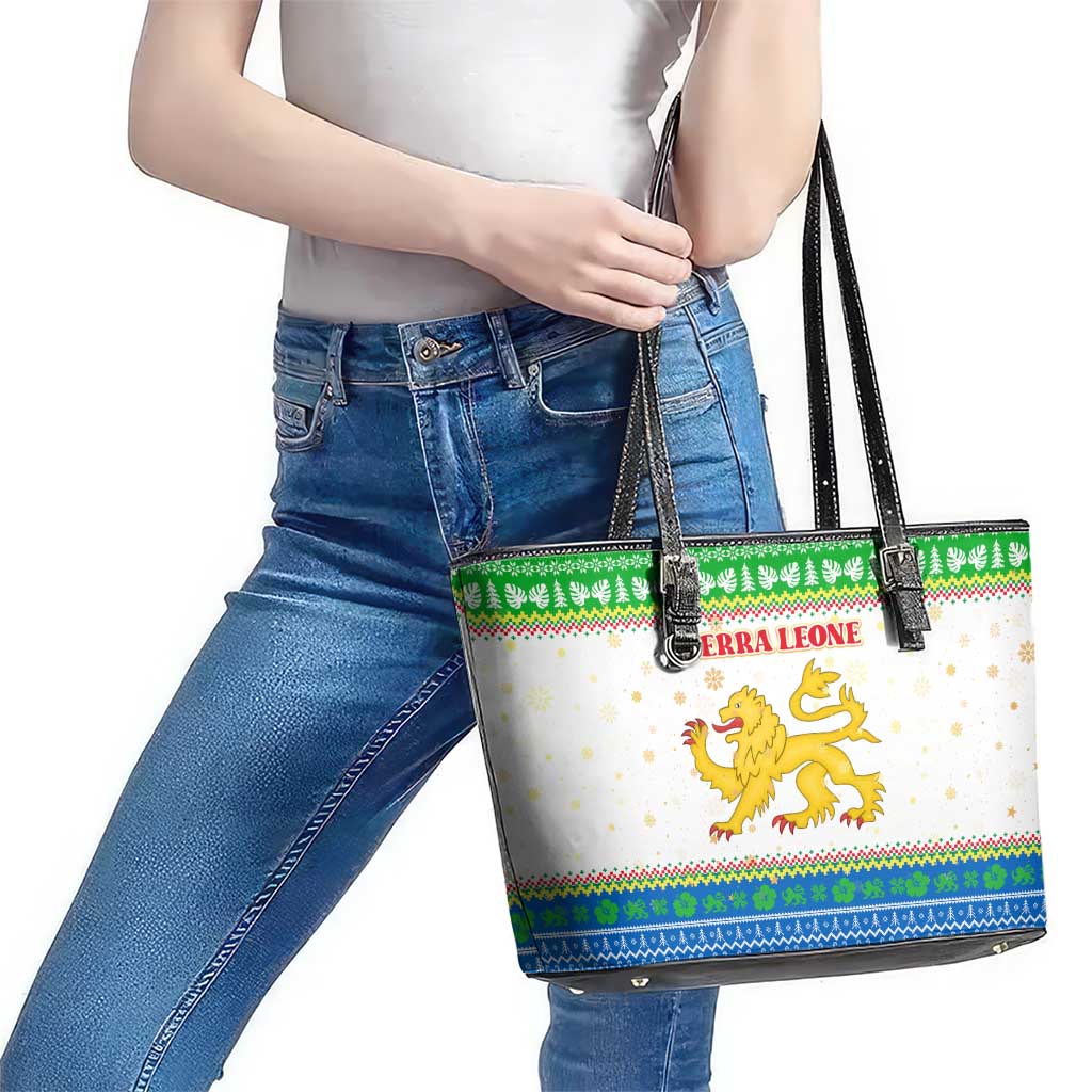 Sierra Leone Christmas Leather Tote Bag with Festive Green Pattern, Golden Lion Emblem, and Santa Sleigh Motif - Wonder Print Shop