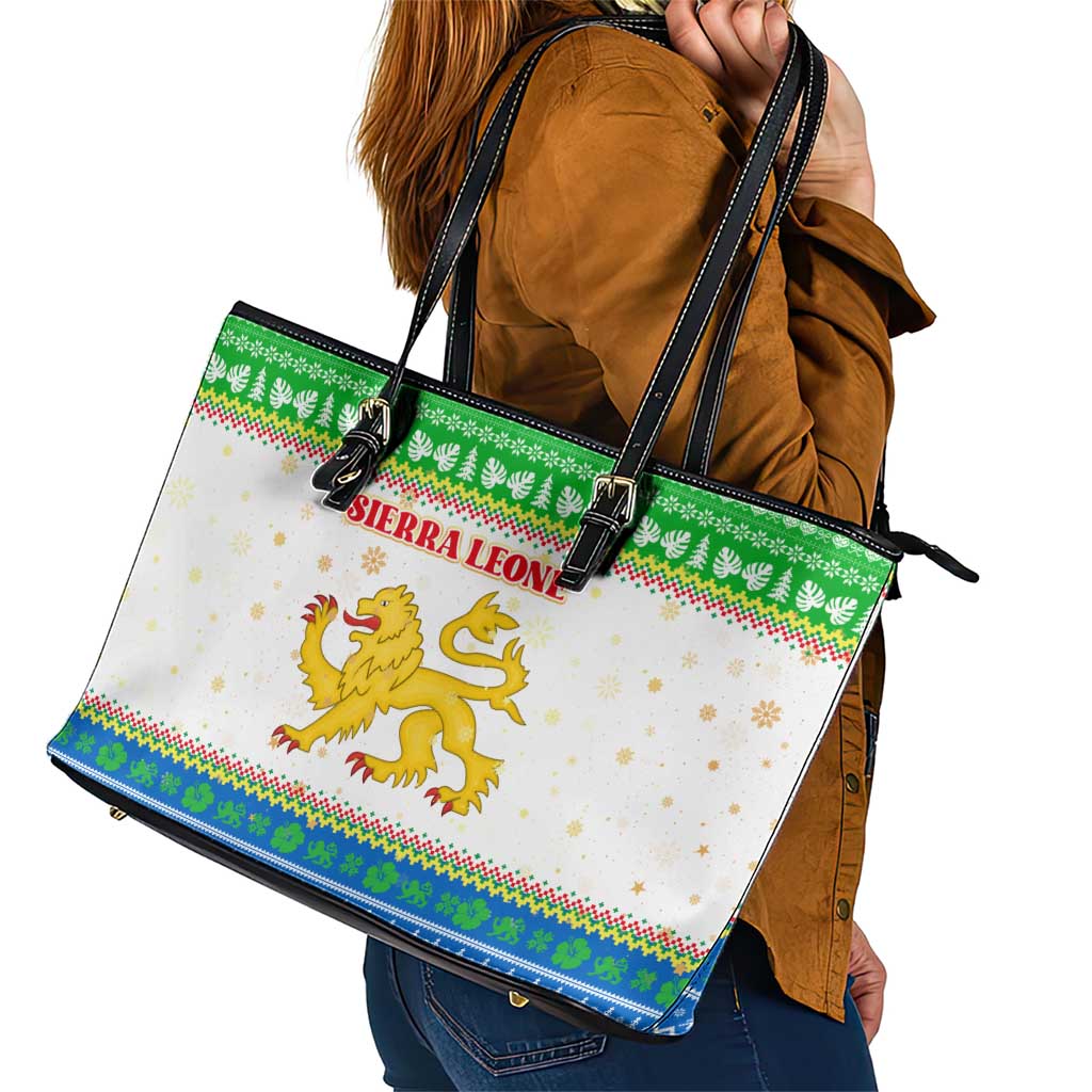 Sierra Leone Christmas Leather Tote Bag with Festive Green Pattern, Golden Lion Emblem, and Santa Sleigh Motif - Wonder Print Shop