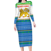 Sierra Leone Christmas Long Sleeve Bodycon Dress with Festive Green Pattern, Golden Lion Emblem, and Santa Sleigh Motif - Wonder Print Shop