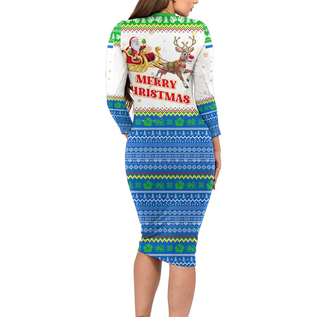 Sierra Leone Christmas Long Sleeve Bodycon Dress with Festive Green Pattern, Golden Lion Emblem, and Santa Sleigh Motif - Wonder Print Shop