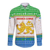 Sierra Leone Christmas Long Sleeve Button Shirt with Festive Green Pattern, Golden Lion Emblem, and Santa Sleigh Motif - Wonder Print Shop