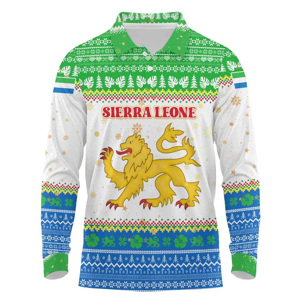 Sierra Leone Christmas Long Sleeve Polo Shirt with Festive Green Pattern, Golden Lion Emblem, and Santa Sleigh Motif - Wonder Print Shop