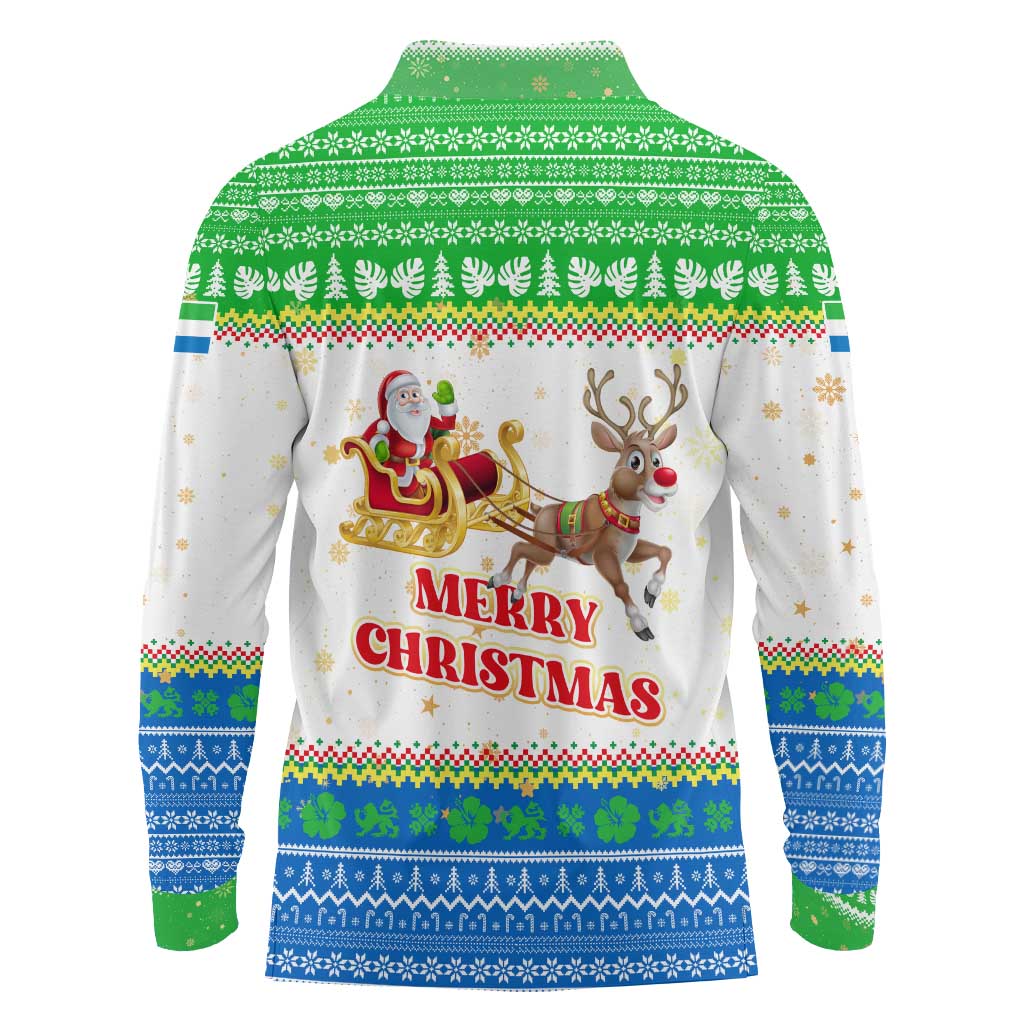 Sierra Leone Christmas Long Sleeve Polo Shirt with Festive Green Pattern, Golden Lion Emblem, and Santa Sleigh Motif - Wonder Print Shop