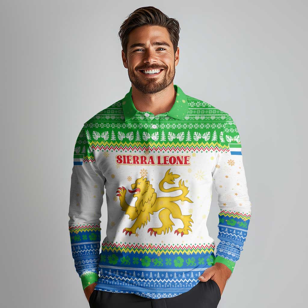 Sierra Leone Christmas Long Sleeve Polo Shirt with Festive Green Pattern, Golden Lion Emblem, and Santa Sleigh Motif - Wonder Print Shop