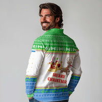 Sierra Leone Christmas Long Sleeve Polo Shirt with Festive Green Pattern, Golden Lion Emblem, and Santa Sleigh Motif - Wonder Print Shop