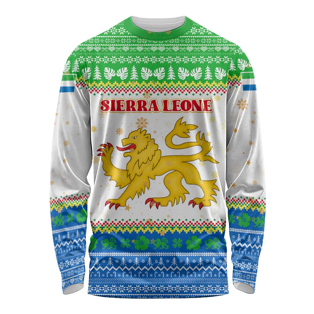 Sierra Leone Christmas Long Sleeve Shirt with Festive Green Pattern, Golden Lion Emblem, and Santa Sleigh Motif - Wonder Print Shop