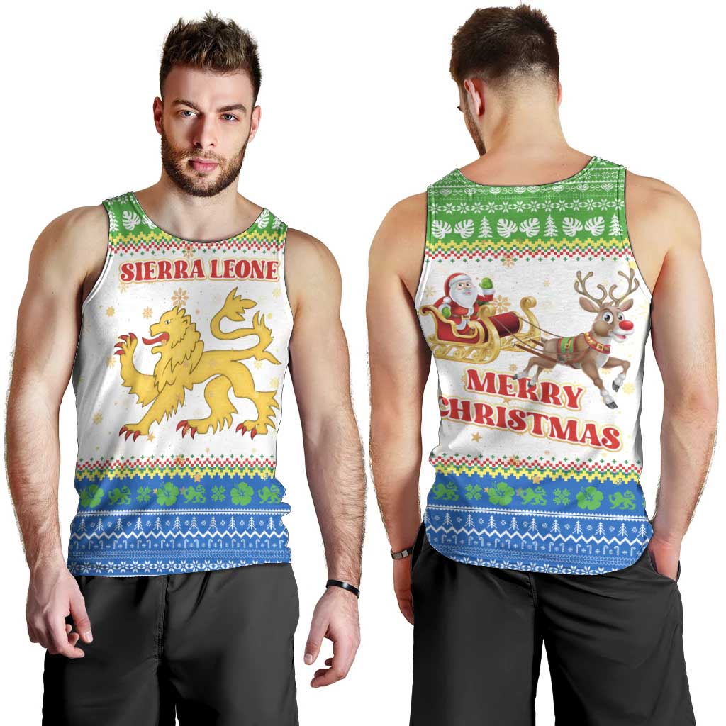 Sierra Leone Christmas Men Tank Top with Festive Green Pattern, Golden Lion Emblem, and Santa Sleigh Motif - Wonder Print Shop