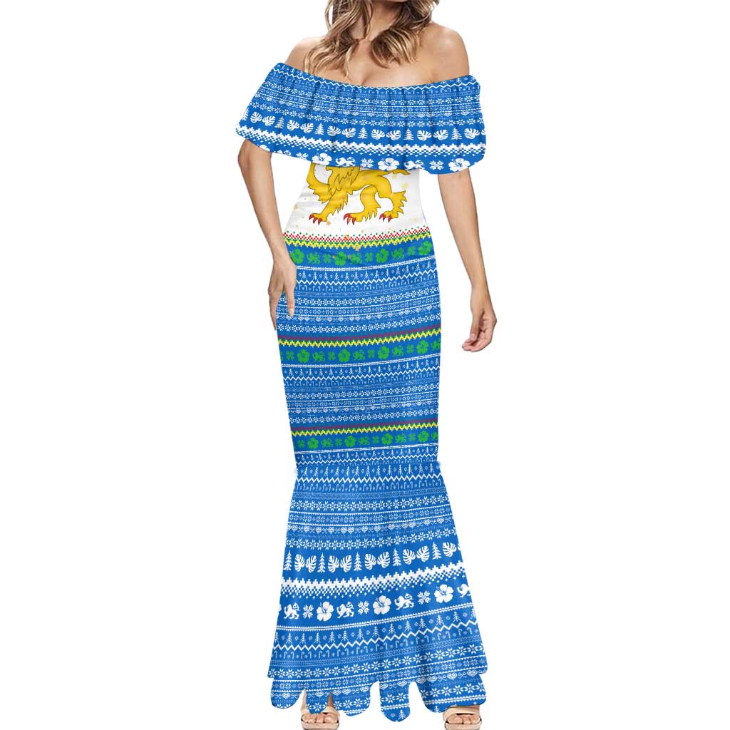 Sierra Leone Christmas Mermaid Dress with Festive Green Pattern, Golden Lion Emblem, and Santa Sleigh Motif - Wonder Print Shop