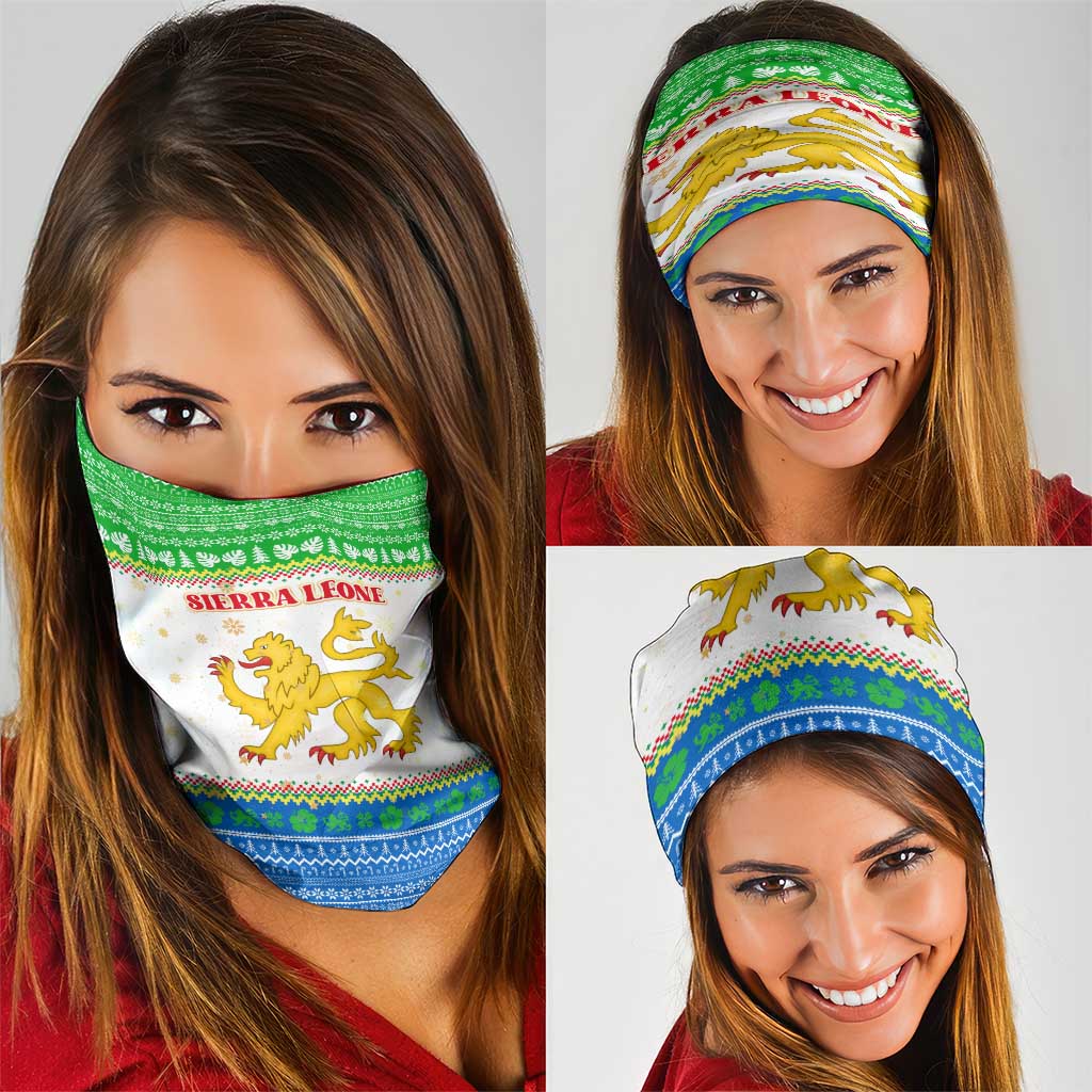 Sierra Leone Christmas Neck Gaiter with Festive Green Pattern, Golden Lion Emblem, and Santa Sleigh Motif - Wonder Print Shop