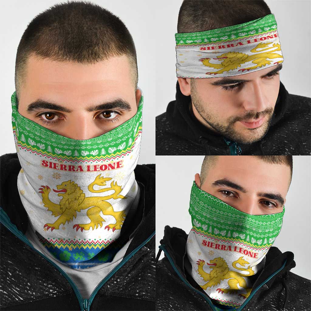 Sierra Leone Christmas Neck Gaiter with Festive Green Pattern, Golden Lion Emblem, and Santa Sleigh Motif - Wonder Print Shop
