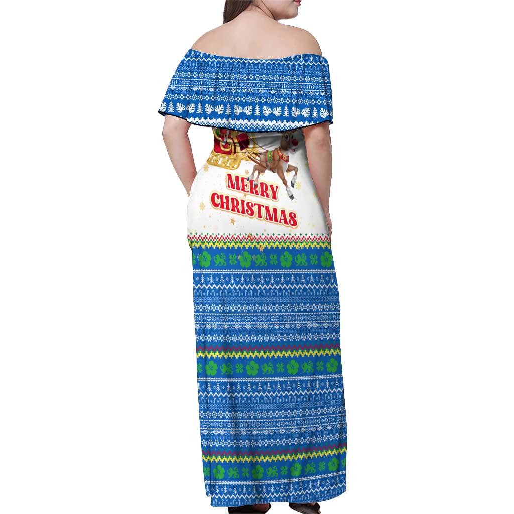 Sierra Leone Christmas Off Shoulder Maxi Dress with Festive Green Pattern, Golden Lion Emblem, and Santa Sleigh Motif - Wonder Print Shop