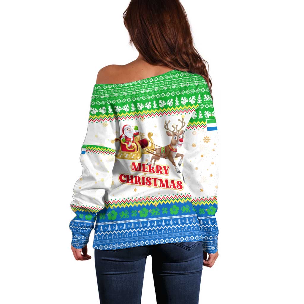 Sierra Leone Christmas Off Shoulder Sweater with Festive Green Pattern, Golden Lion Emblem, and Santa Sleigh Motif - Wonder Print Shop