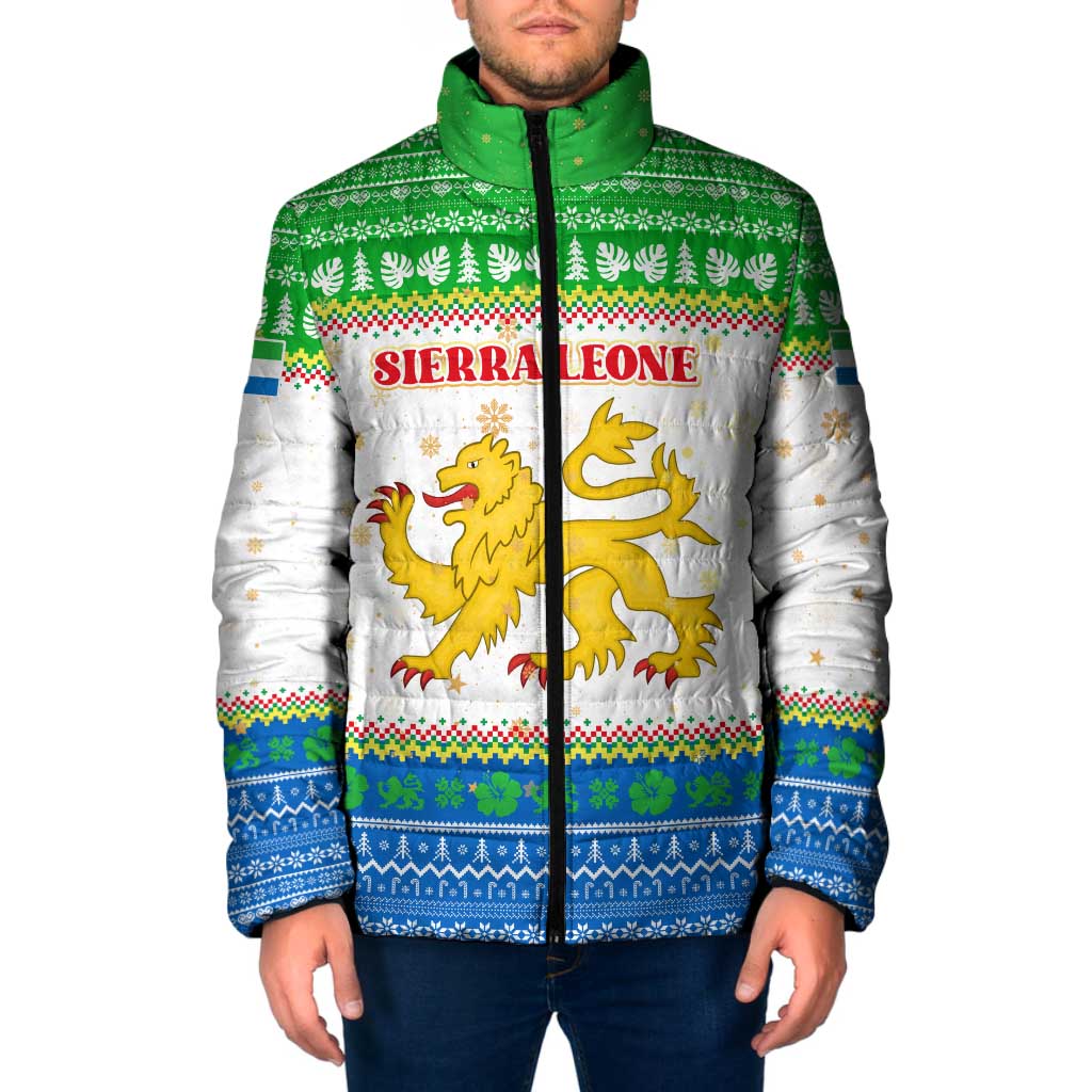 Sierra Leone Christmas Padded Jacket with Festive Green Pattern, Golden Lion Emblem, and Santa Sleigh Motif - Wonder Print Shop