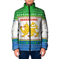 Sierra Leone Christmas Padded Jacket with Festive Green Pattern, Golden Lion Emblem, and Santa Sleigh Motif - Wonder Print Shop
