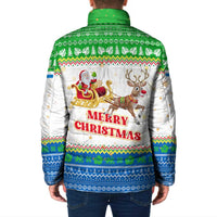 Sierra Leone Christmas Padded Jacket with Festive Green Pattern, Golden Lion Emblem, and Santa Sleigh Motif - Wonder Print Shop