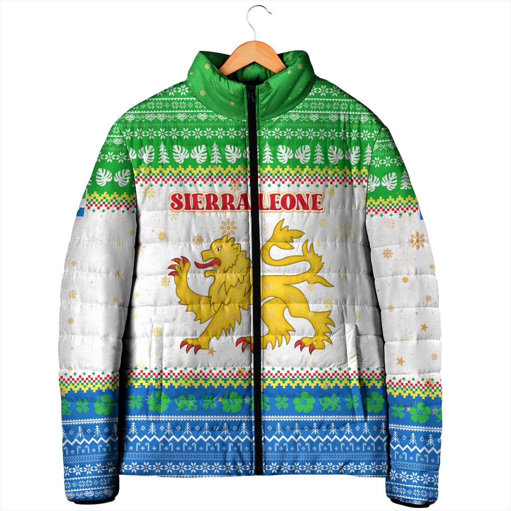 Sierra Leone Christmas Padded Jacket with Festive Green Pattern, Golden Lion Emblem, and Santa Sleigh Motif - Wonder Print Shop