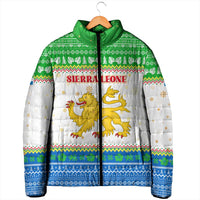 Sierra Leone Christmas Padded Jacket with Festive Green Pattern, Golden Lion Emblem, and Santa Sleigh Motif - Wonder Print Shop