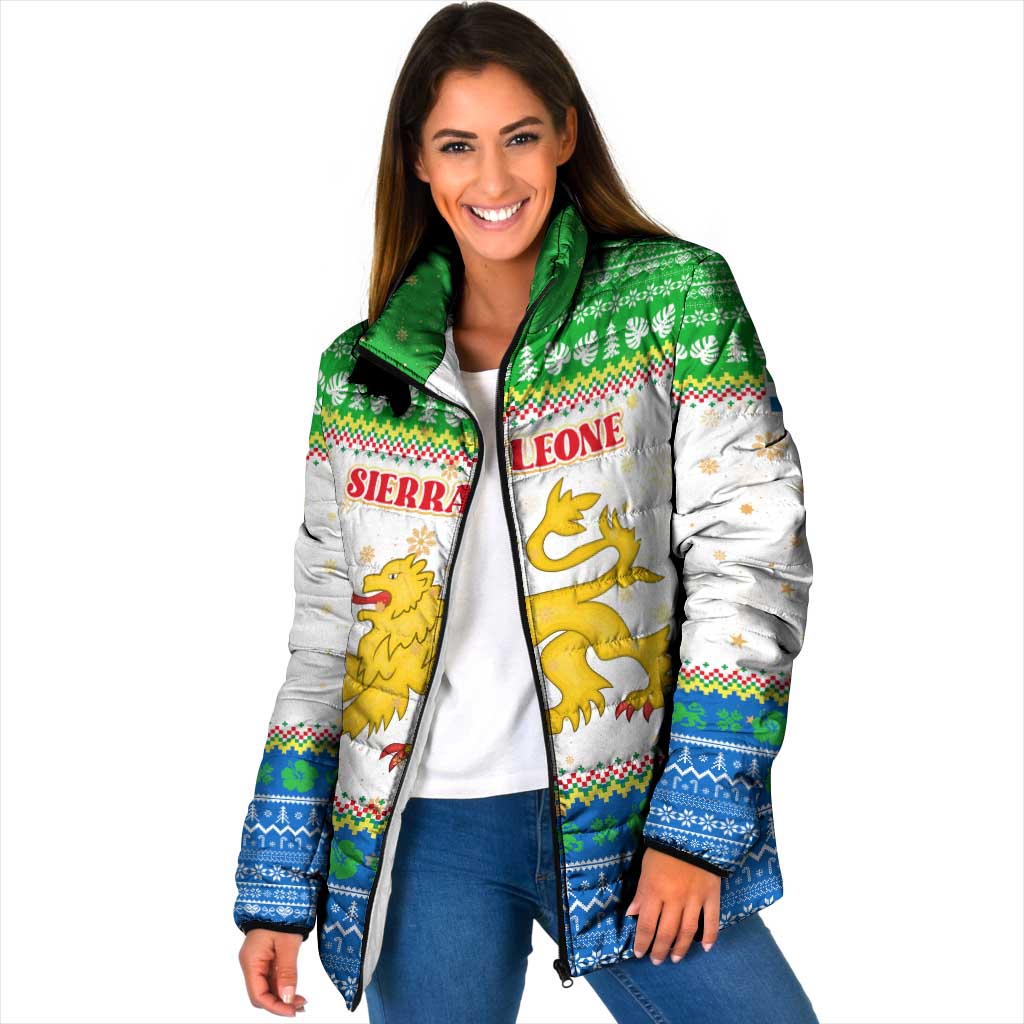 Sierra Leone Christmas Padded Jacket with Festive Green Pattern, Golden Lion Emblem, and Santa Sleigh Motif - Wonder Print Shop