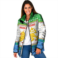 Sierra Leone Christmas Padded Jacket with Festive Green Pattern, Golden Lion Emblem, and Santa Sleigh Motif - Wonder Print Shop