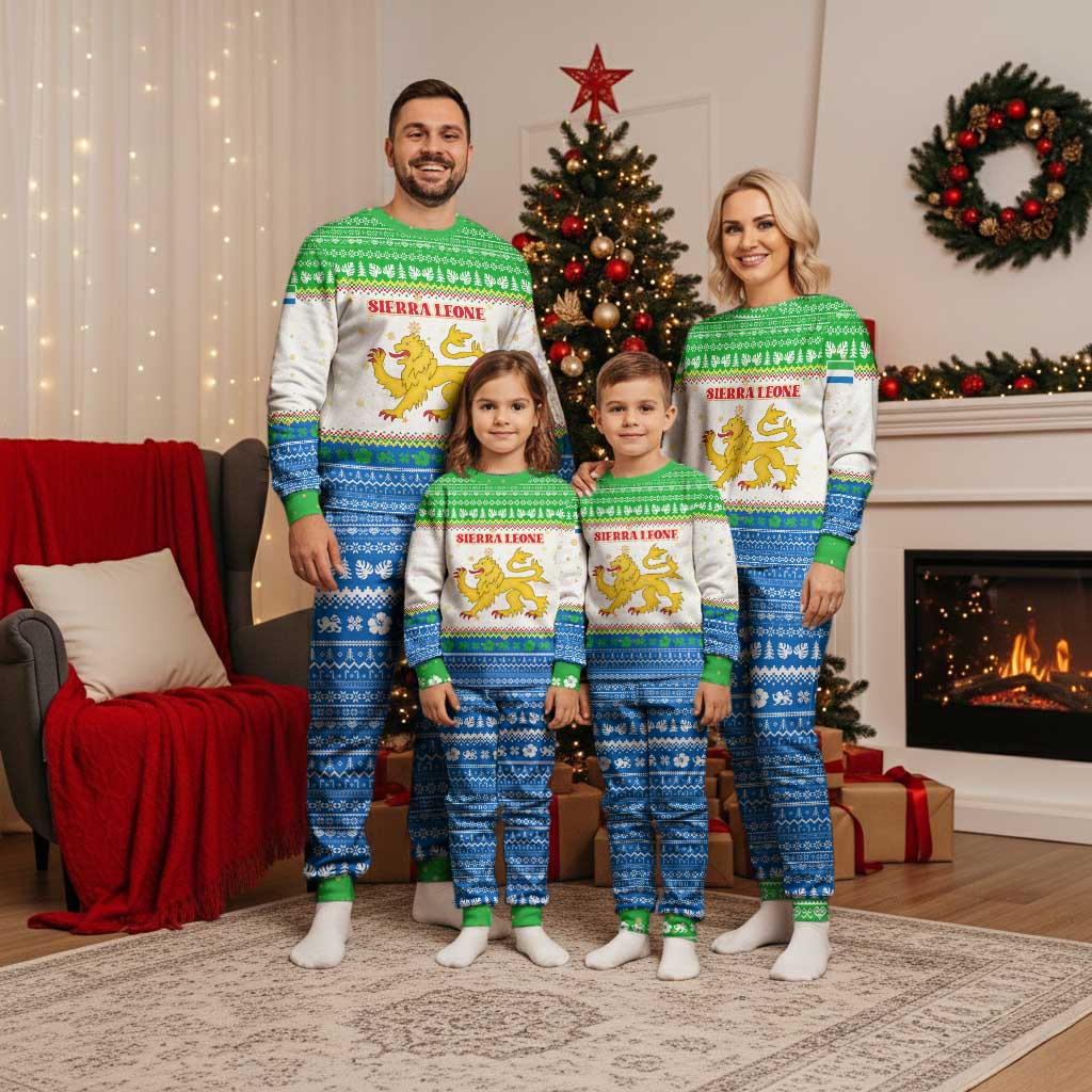 Sierra Leone Christmas Pajama Set with Festive Green Pattern, Golden Lion Emblem, and Santa Sleigh Motif - Wonder Print Shop