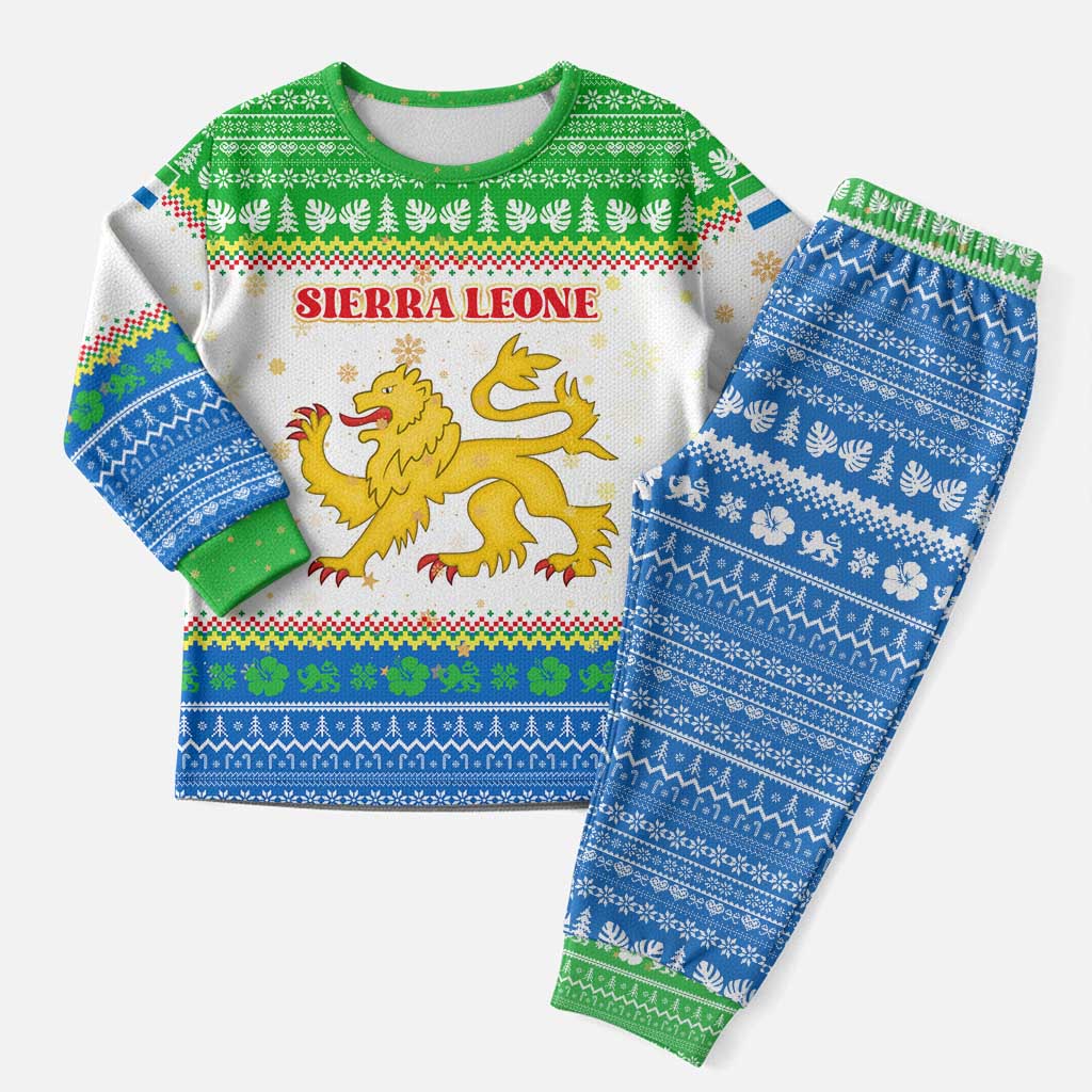 Sierra Leone Christmas Pajama Set with Festive Green Pattern, Golden Lion Emblem, and Santa Sleigh Motif - Wonder Print Shop