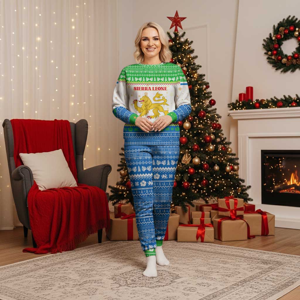 Sierra Leone Christmas Pajama Set with Festive Green Pattern, Golden Lion Emblem, and Santa Sleigh Motif - Wonder Print Shop