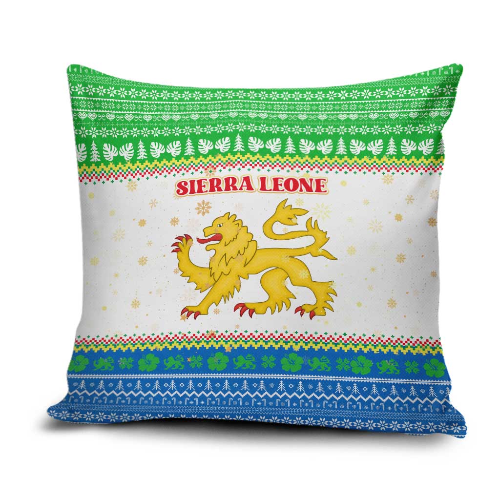 Sierra Leone Christmas Pillow Cover with Festive Green Pattern, Golden Lion Emblem, and Santa Sleigh Motif - Wonder Print Shop