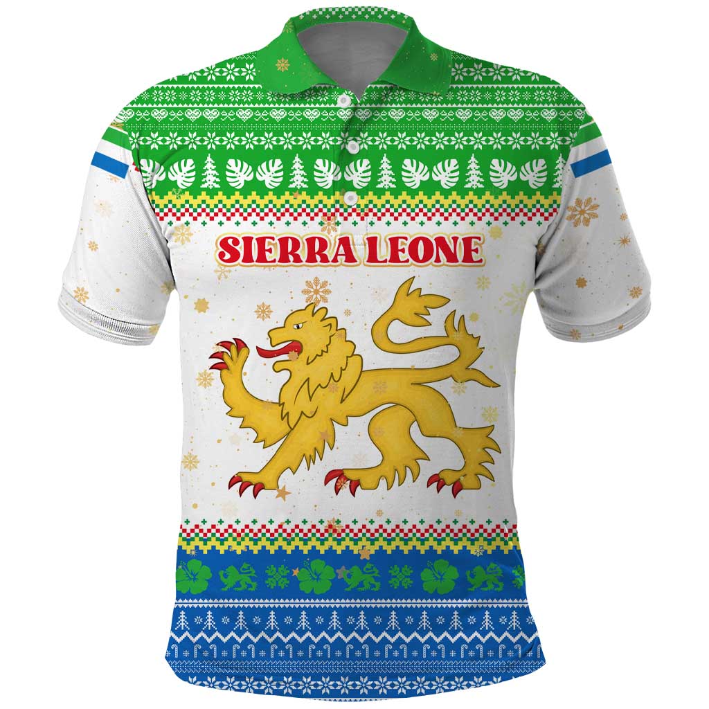Sierra Leone Christmas Polo Shirt with Festive Green Pattern, Golden Lion Emblem, and Santa Sleigh Motif - Wonder Print Shop
