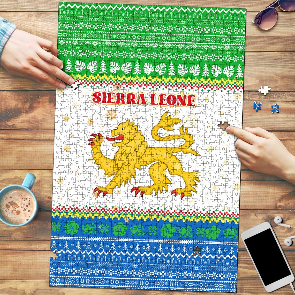 Sierra Leone Christmas Puzzle with Festive Green Pattern, Golden Lion Emblem, and Santa Sleigh Motif - Wonder Print Shop