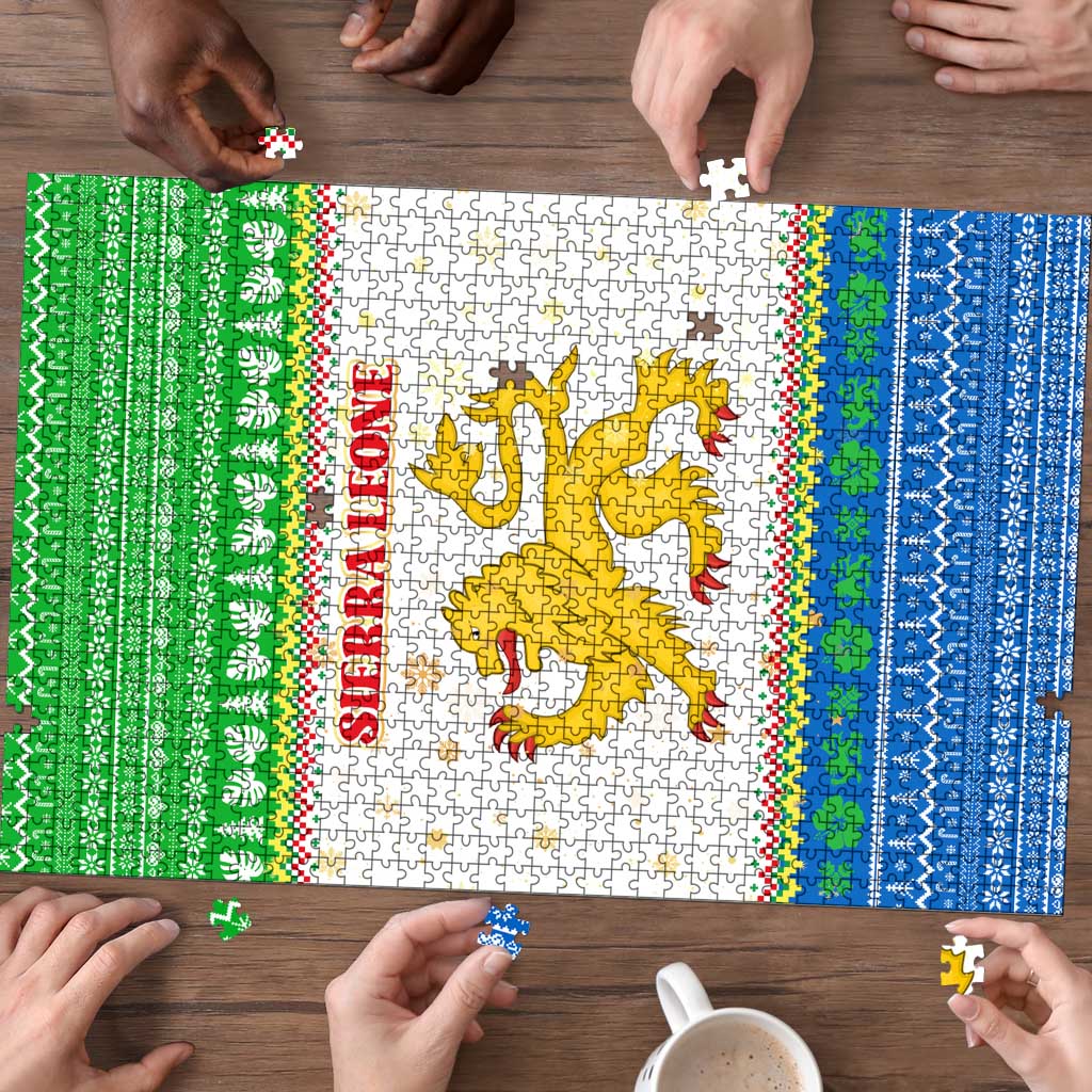 Sierra Leone Christmas Puzzle with Festive Green Pattern, Golden Lion Emblem, and Santa Sleigh Motif - Wonder Print Shop