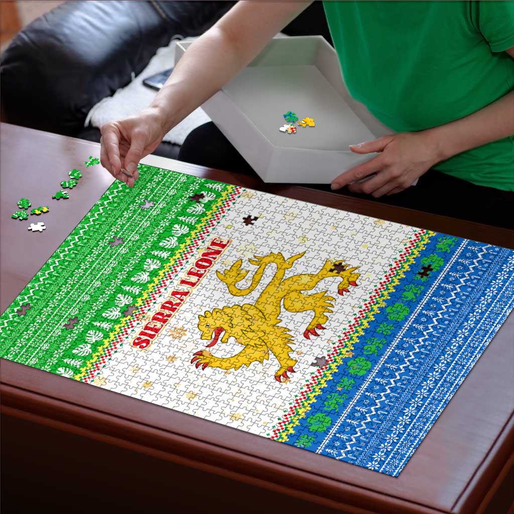 Sierra Leone Christmas Puzzle with Festive Green Pattern, Golden Lion Emblem, and Santa Sleigh Motif - Wonder Print Shop