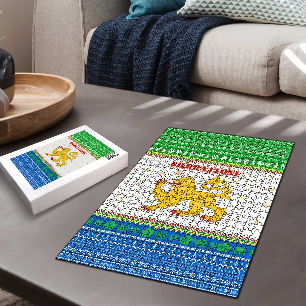 Sierra Leone Christmas Puzzle with Festive Green Pattern, Golden Lion Emblem, and Santa Sleigh Motif - Wonder Print Shop