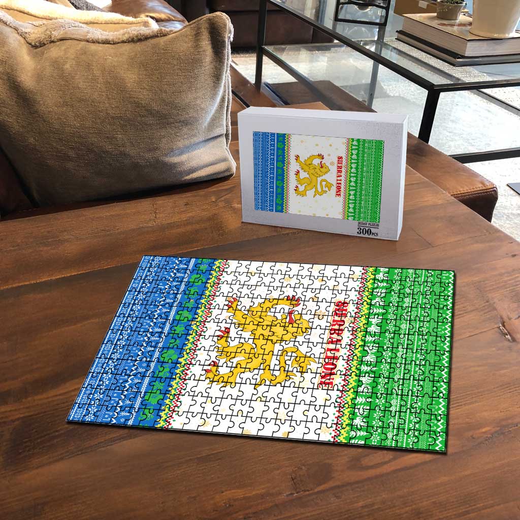 Sierra Leone Christmas Puzzle with Festive Green Pattern, Golden Lion Emblem, and Santa Sleigh Motif - Wonder Print Shop