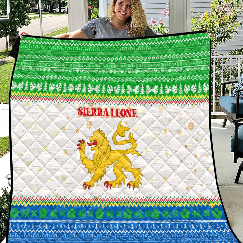 Sierra Leone Christmas Quilt with Festive Green Pattern, Golden Lion Emblem, and Santa Sleigh Motif - Wonder Print Shop