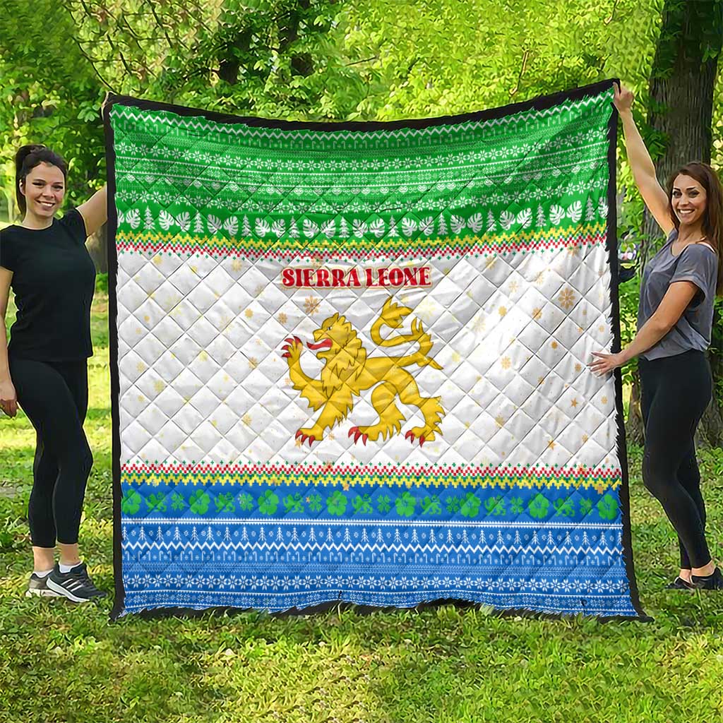 Sierra Leone Christmas Quilt with Festive Green Pattern, Golden Lion Emblem, and Santa Sleigh Motif - Wonder Print Shop