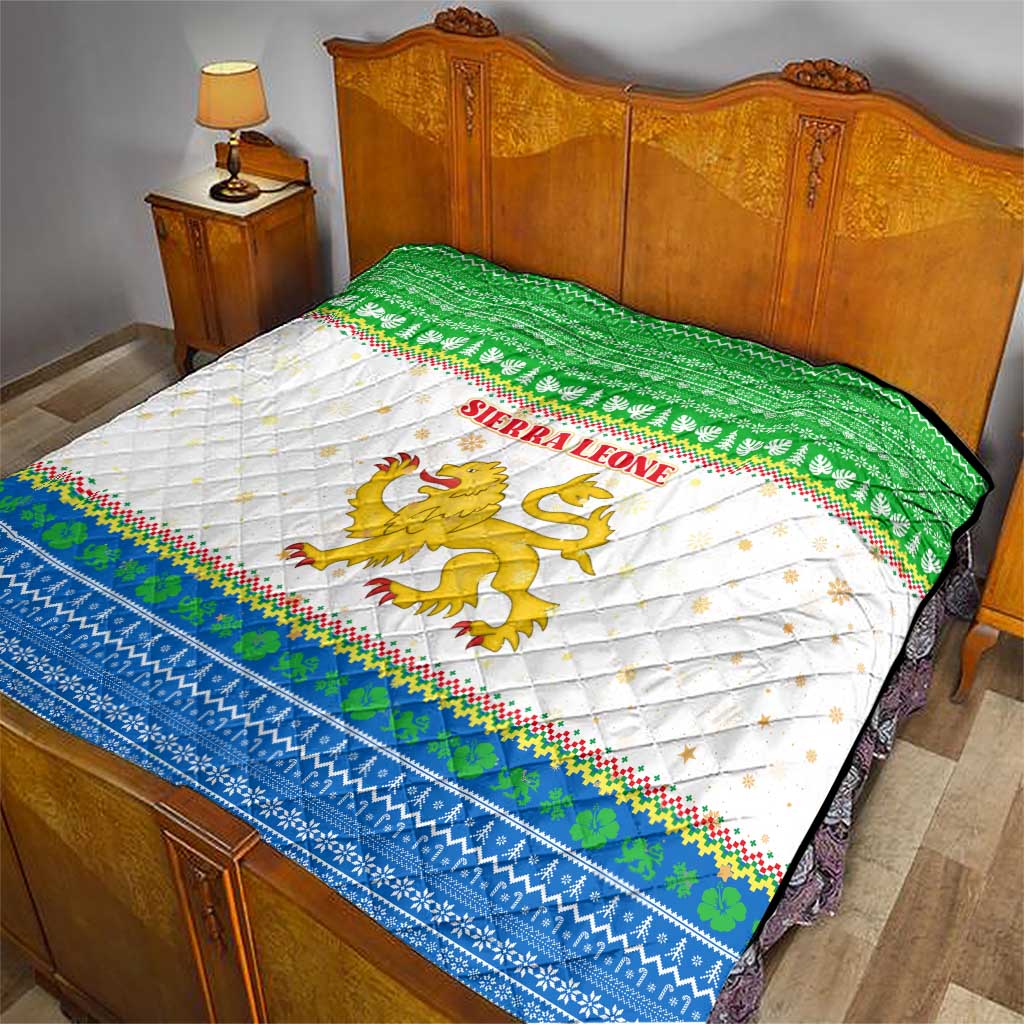 Sierra Leone Christmas Quilt with Festive Green Pattern, Golden Lion Emblem, and Santa Sleigh Motif - Wonder Print Shop