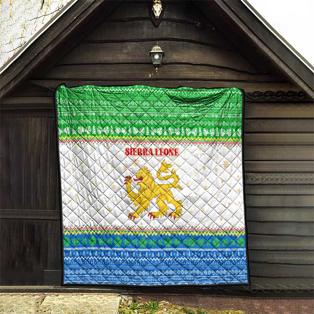 Sierra Leone Christmas Quilt with Festive Green Pattern, Golden Lion Emblem, and Santa Sleigh Motif - Wonder Print Shop