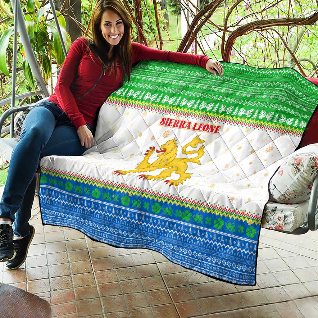 Sierra Leone Christmas Quilt with Festive Green Pattern, Golden Lion Emblem, and Santa Sleigh Motif - Wonder Print Shop