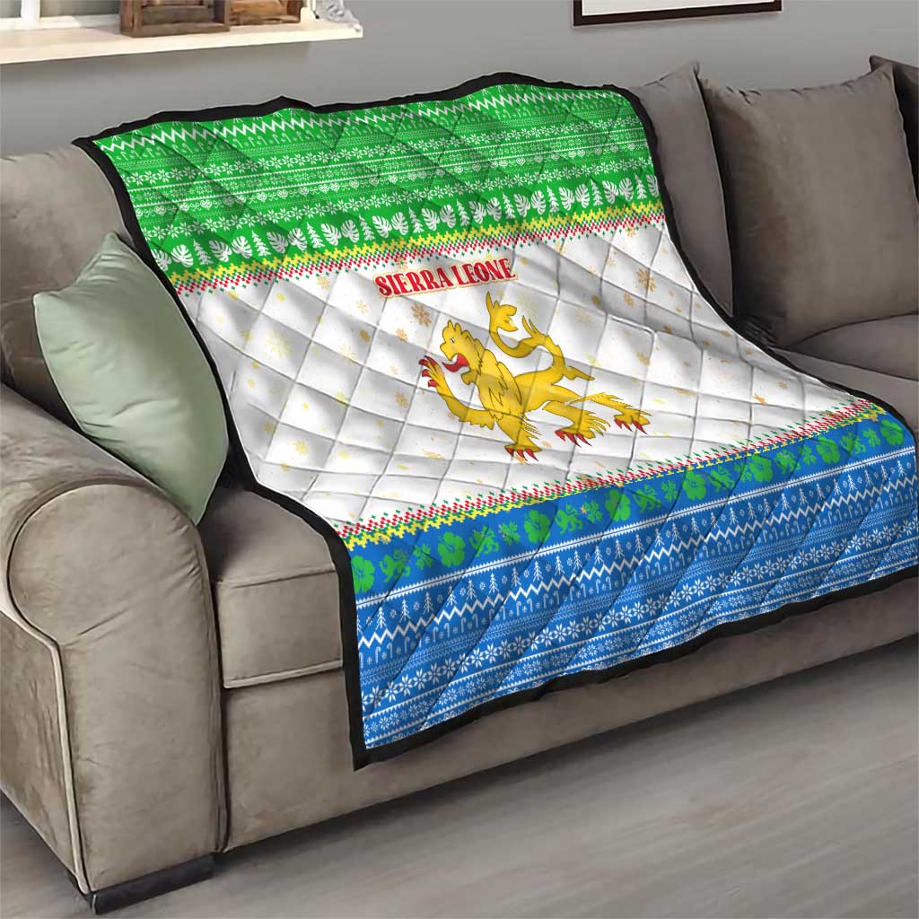 Sierra Leone Christmas Quilt with Festive Green Pattern, Golden Lion Emblem, and Santa Sleigh Motif - Wonder Print Shop
