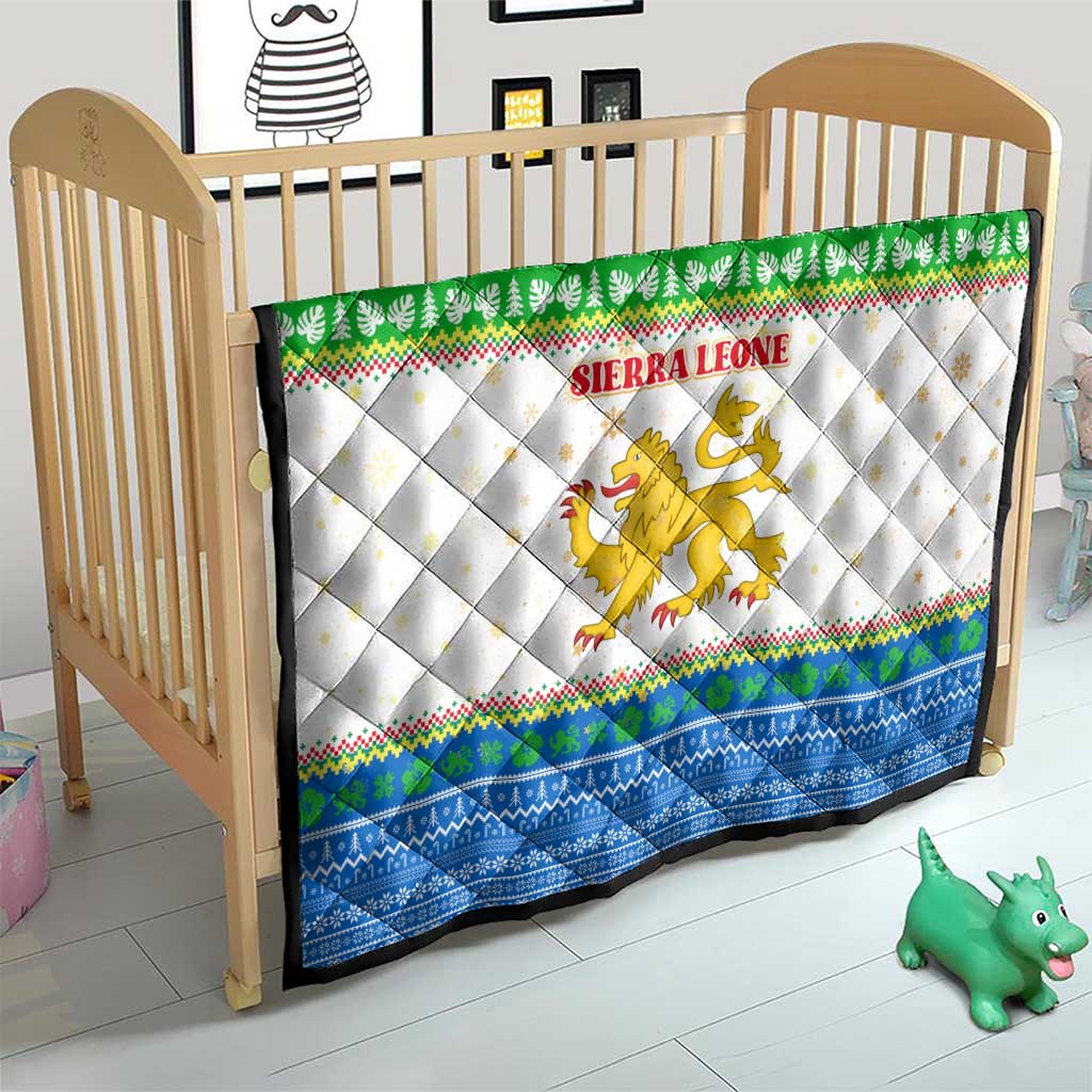Sierra Leone Christmas Quilt with Festive Green Pattern, Golden Lion Emblem, and Santa Sleigh Motif - Wonder Print Shop