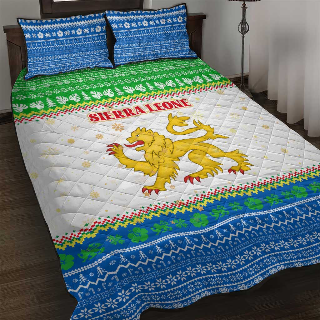Sierra Leone Christmas Quilt Bed Set with Festive Green Pattern, Golden Lion Emblem, and Santa Sleigh Motif - Wonder Print Shop
