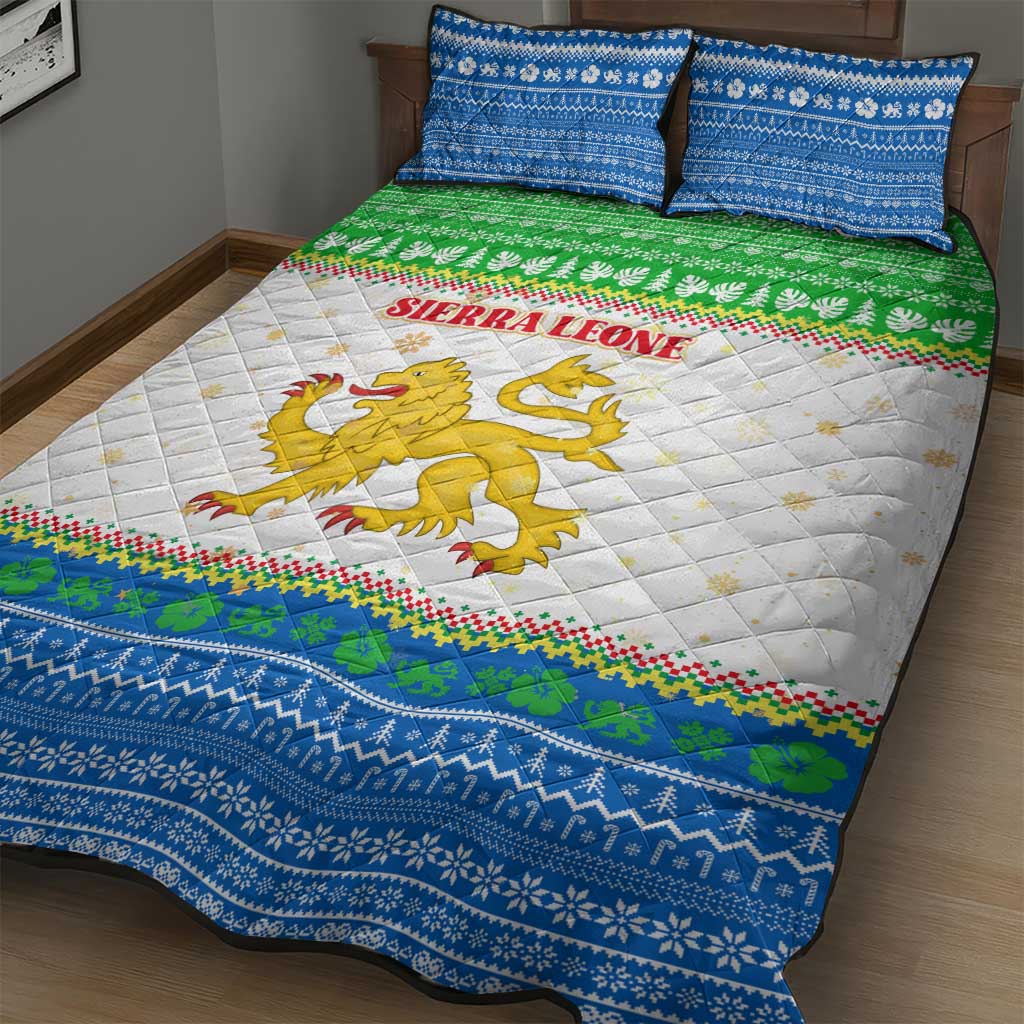 Sierra Leone Christmas Quilt Bed Set with Festive Green Pattern, Golden Lion Emblem, and Santa Sleigh Motif - Wonder Print Shop
