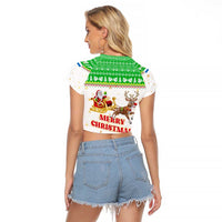 Sierra Leone Christmas Raglan Cropped T Shirt with Festive Green Pattern, Golden Lion Emblem, and Santa Sleigh Motif - Wonder Print Shop