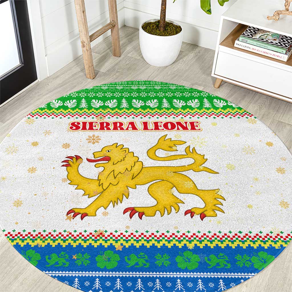 Sierra Leone Christmas Round Carpet with Festive Green Pattern, Golden Lion Emblem, and Santa Sleigh Motif - Wonder Print Shop