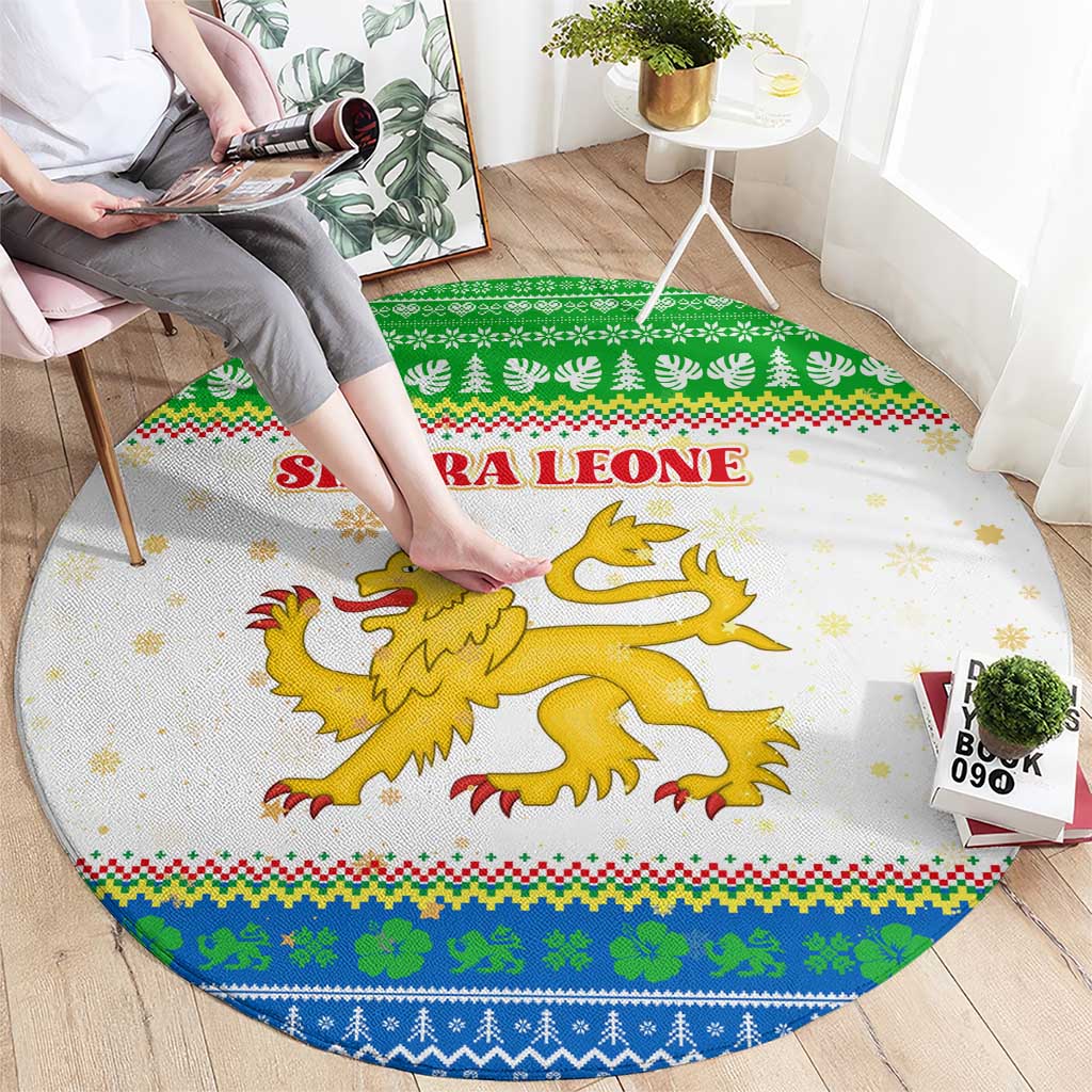 Sierra Leone Christmas Round Carpet with Festive Green Pattern, Golden Lion Emblem, and Santa Sleigh Motif - Wonder Print Shop