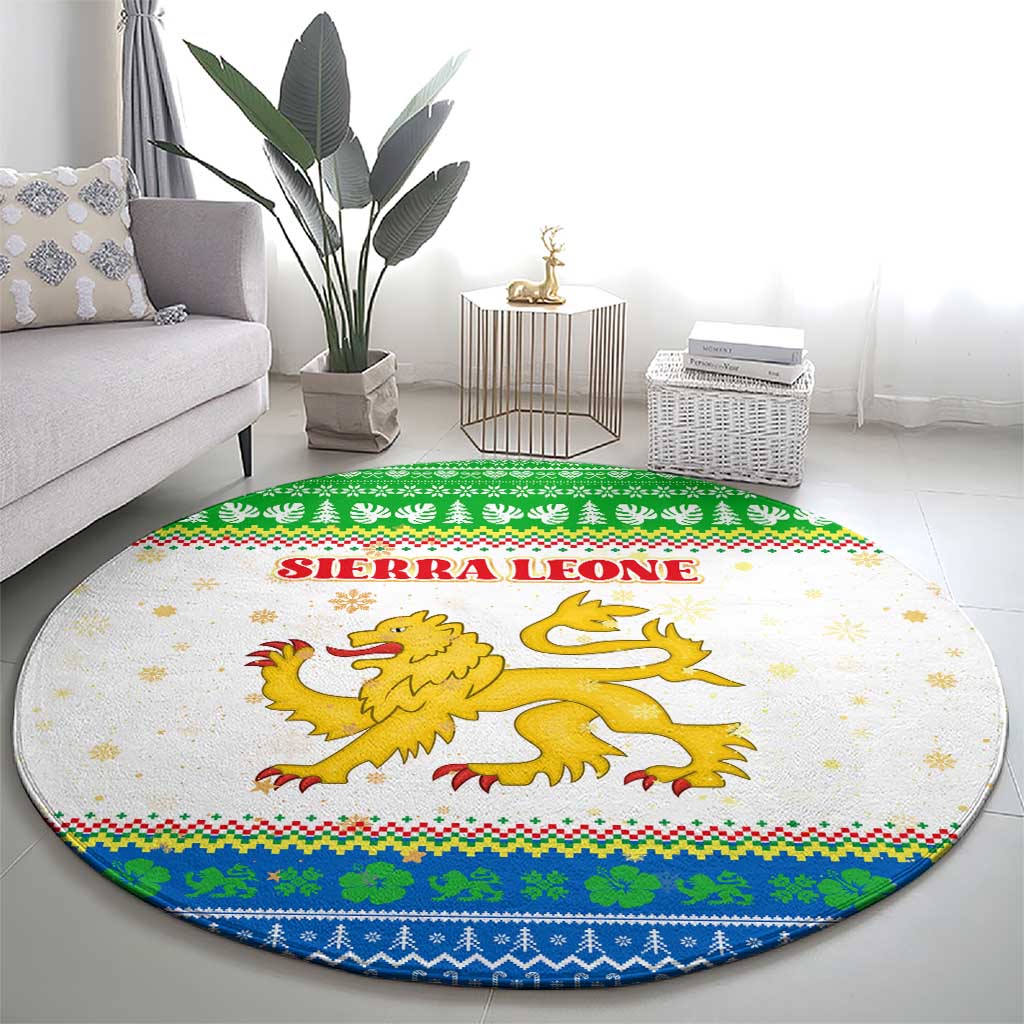 Sierra Leone Christmas Round Carpet with Festive Green Pattern, Golden Lion Emblem, and Santa Sleigh Motif - Wonder Print Shop